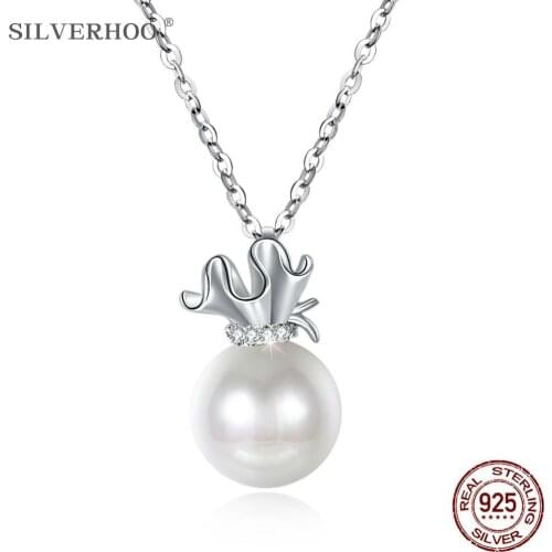 SILVERHOO 925 Sterling Silver Pendant Necklaces Simple Smooth Shell Pearls Women Necklace Party Fine Jewelry New Arrival