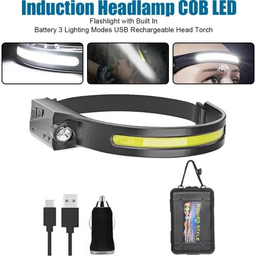 Induction Headlamp COB LED Head Lamp with Built-in Battery Flashlight USB Rechargeable Head Torch 5 Lighting Modes Head Light
