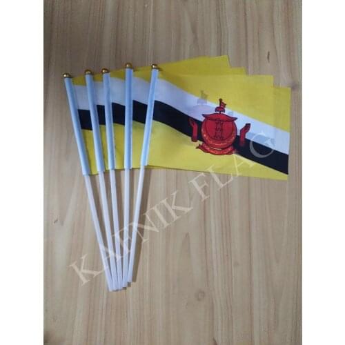 KAFNIK,5pcs 14*21cm Brunei Hand Waving National hand Flag with Pole for advertisement decoration, free shipping