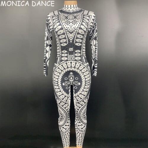Women Sexy Stage White Black Rhinestones Pattern Spandex Jumpsuit Women Dance Bar Singer Celebrate Outfit Leggings Prom Outfit
