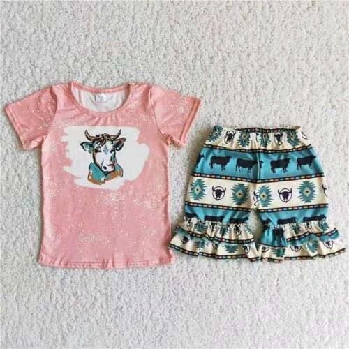 Summer Baby Girls Short Sleeve Clothes Pink Cow Head Heifer Shirt Ruffle Shorts Set Outfits