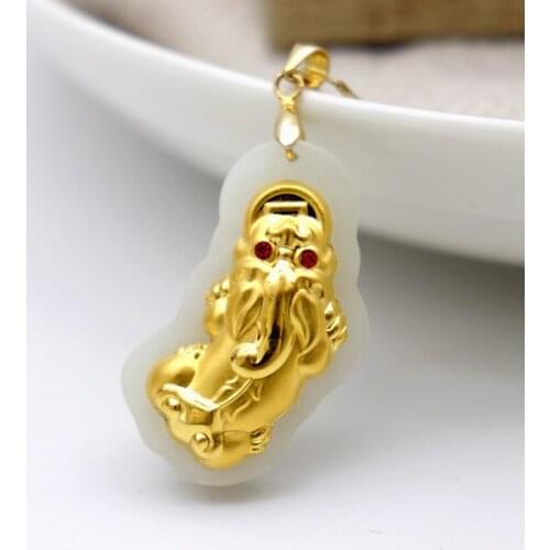 Genuine 24K HeTian Gold Inlaid Jade Pixiu Necklace Men Women Brave Troops Pendant 33*18*8mm With Chain Unisex Feng Shui Jewelry