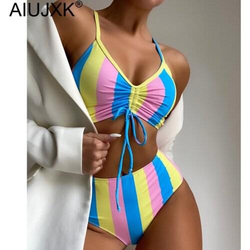 AIUJXK New 2021 Womens Multicolor Striped Print Split Swimsuit Sexy Bikini Set High Waist 2 Piece Swimwear Beach Bathing Suit