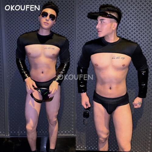 New black sexy man Patent leather patchwork suits costumes nightclub bar party theme clothing set