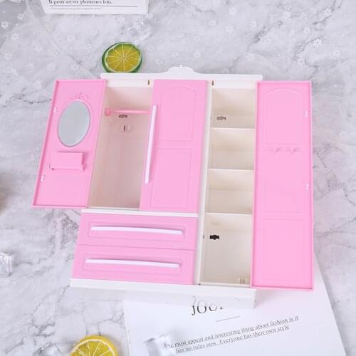 New Three-door Pink Modern Wardrobe for Barbie Furniture Clothes Accessories with Dressing Mirror Girls Toy