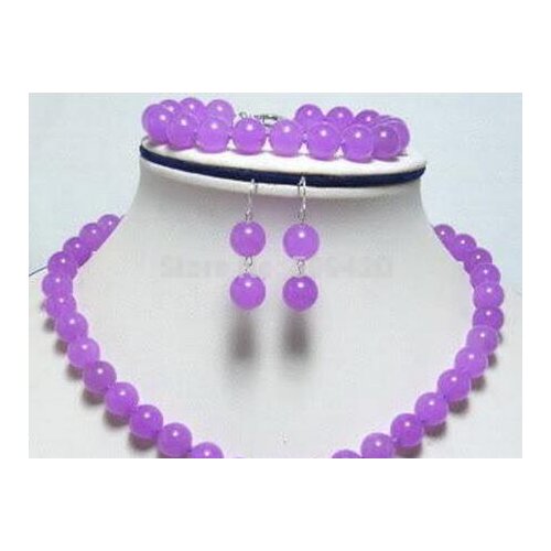 Genuine 10mm purple JADE necklace bracelet earring set