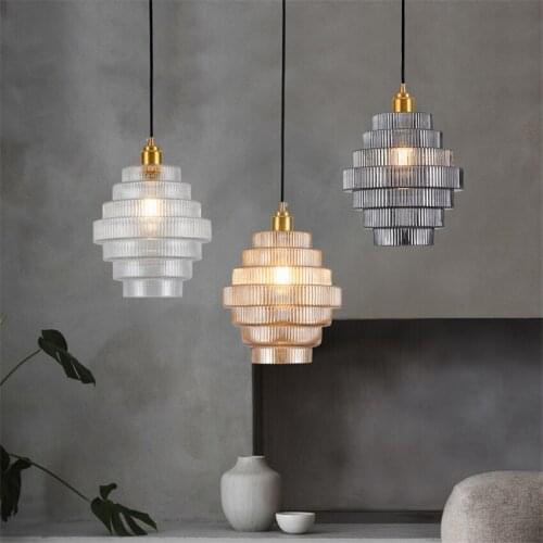 Nordic stairs Glass shade pendant lights Restaurant Study Brass lamps Bedroom Bedside Bar Aisle Smoke Grey Striped hanging light