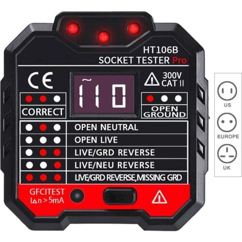 Socket Outlet Tester HT106B Circuit Polarity Voltage Detector Wall Plug Breaker Finder RCD Test LCD Socket Tester