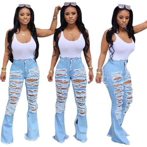 Sexy Hollow Out Ripped Black Jeans Women Fashion Tassel Split Bell Bottom Pants Female Casual Skinny High Waist Distressed Jeans