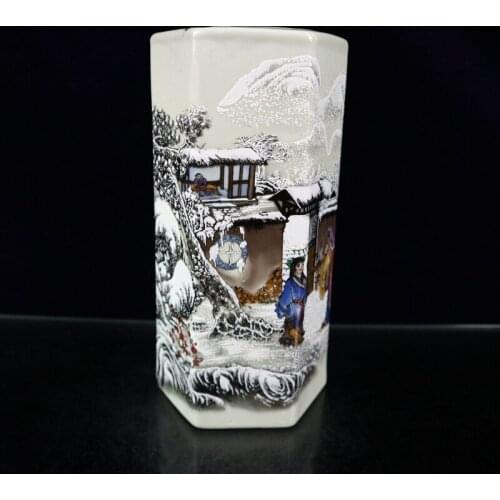 Chinese Ceramics Pastel San Gu Mao Lu Figure Pattern Porcelain Famille Rose Chinaware Hexagonal Pen Holder