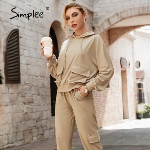 Simplee Casual pocket khaki women hoodie autumn Loose drawstring elastic two piece set solid Sportwear soft hooded tracksuits