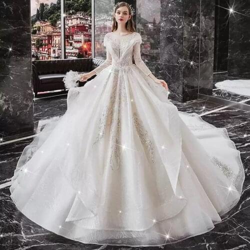 Wedding Dress Luxurious Full Sleeve Ruched Floor-Length Backless O-Neck Sequins Appliques Plus Size Wedding Gowns For Women G390