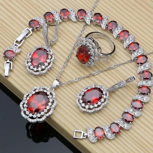 Women Wedding Jewelry Silver 925 Bridal Necklace Sets Red CZ Charm Earring Bracelet Accessories Dropshipping Dubai Jewelry Set