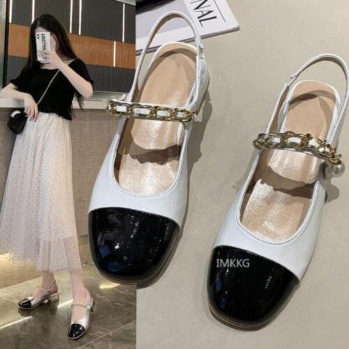 Women Chain Sandals Gladiator Sexy Med High Heels Metal Decoration Office Shoes Chunky Heel Sweet Mary Jane Sandals Casual Shoes