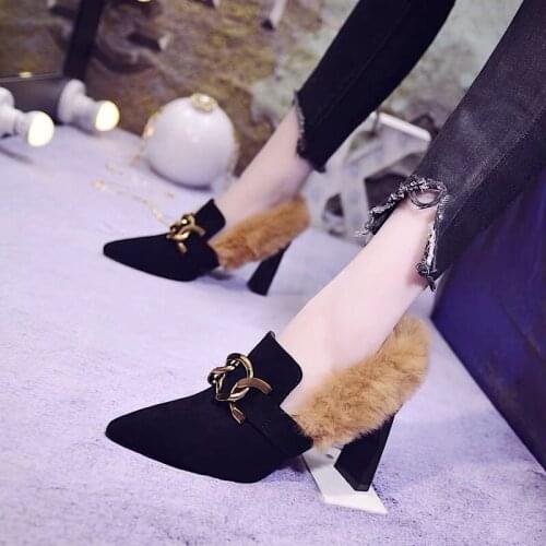Winter Rabbit Hair Pointed Shoes Woman British Buckle Fur Mary Janes Pumps Suede Mid-High Chunky Heels Plush Furry Moccasins