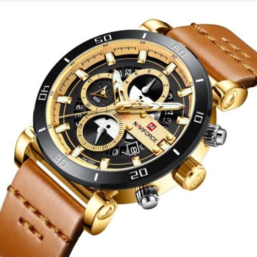 Mens Three Eyes Six Needle Real Belt Watch Fashion Waterproof Calendar Sports Timing Multifunctional Luminous Quartz Watch