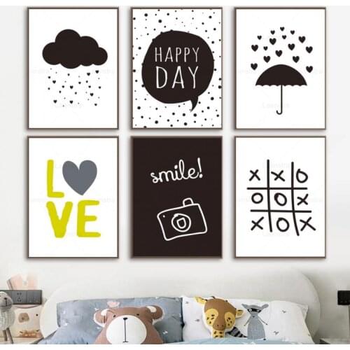 Black White Cartoon Wall Pictures Cloud Rain Umbrella Camera Love Quotes Canvas Painting Home Decor Simple Poster Print Wall Art