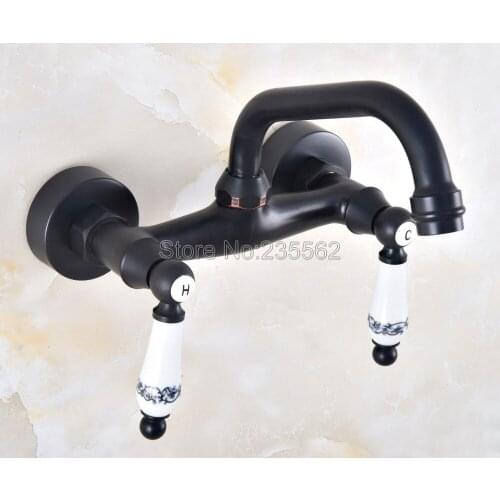Black Oil Rubbed Bronze Wall Mounted Swivel Bathroom Sink Faucet Double Handle Mixer Tap Lnf821