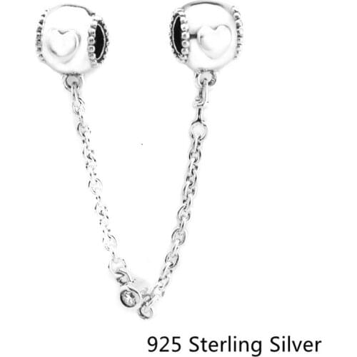 CKK 925 Sterling Silver Embossed Hearts Safety Chain Original Beads Jewelry Making Fits For Bracelet & Bangle