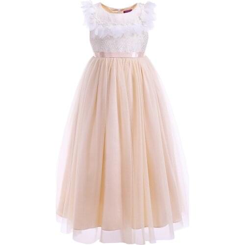 Kids Outfit Princess Dress Girl Beige Tulle Mesh Ball Gown Size 6 7 8 9 10 11 12 Years Old Elegant Layered Lace Bow and Pearl