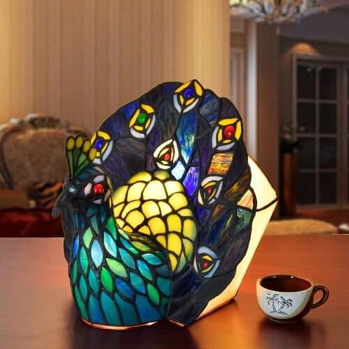 European Tiffany color glass peacock desk lamp hotel bar restaurant clubhouse bedside night light