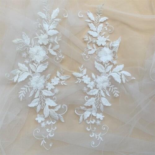 2 Pairs Ivory Floral Lace Applique Mirrored Embroidery Floral Bodice Applique For DIY Bridal Wedding Evening Party Gown supply