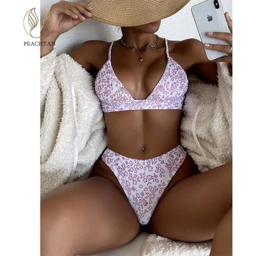Peachtan Floral print swimsuit women High cut bikini 2021 Triangle swimwear female Triangle bathing suit Sexy 2 piece set summer