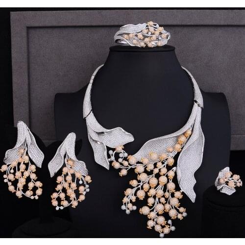 LARRAURI Charms Wedding Jewelry Sets Making For Women Statement Flower Necklace Earrings Bangle Ring Accessories Jewelry Sets