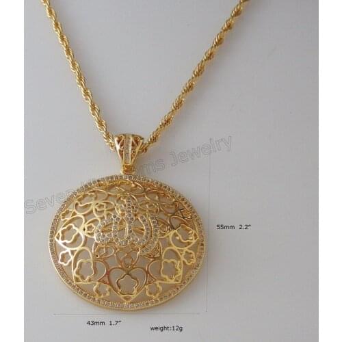 MIN ORDER 1PCS/- YELLOW GOLD GP DUBAI GOLD 24" ROPE NECKLACE & MUSLIM ALLAH GOD MANY MICRO INSERT STONE IN ROUND SHAPE PENDANT
