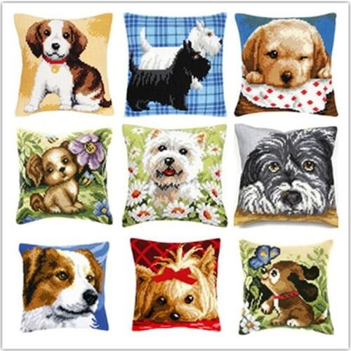 USA shipping Cross Stitch Pillow Mat DIY Craft Cute Dog Latch Hook Kit 42CM by 42CM Needlework Crocheting Cushion Embroidery