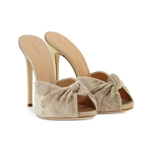 Summer New Fashion Super High Heels Sandals Mules Bow Open Toe Party Slippers Flock Leather Ladies banquet Sandals Slid Shoes