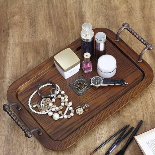 Tray Solid Wood Rectangular Metal Handle Home American Simple Storage Tray Vegetable Cake Bread Fruit Tray Cup Plate Organizer