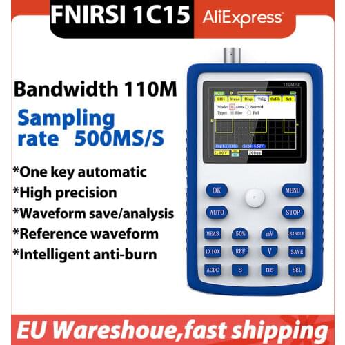 FNIRSI 1C15 Professional Digital Oscilloscope 2.4 Inches 500MS/s Sampling Rate 110MHz Bandwidth Waveform Storage Oscilloscope