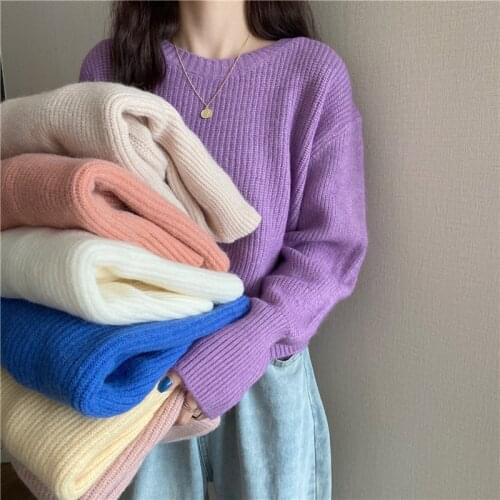 Vintage Long Sleeve Top Women Winter Fall O-Neck Short Sweater Jumper Knitted Crop Kawaii Sweaters Korean Style Pullover Simplee