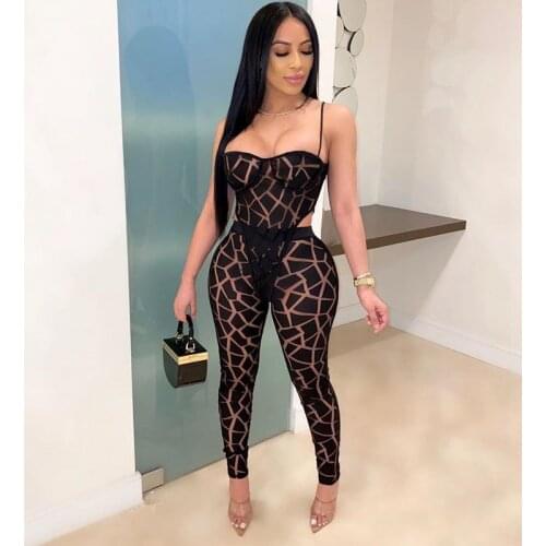 TNNAOFF Mesh Sheer Two Piece Set Women Rave Festival Clothing Sling Sleeveless Bodysuit Sexy Pencil Pants Casual Matching Sets