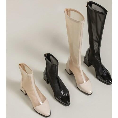 Big Size 34-45 Women Ankle Boots Summer Sexy Hollow Breathable Mesh Boots Fashion Zipper Chunky Heel Short Boots Black Beige