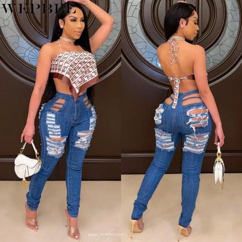 WEPBEL Womens Fashion High Waisted Jeans Casual Hollow Out Ripped Jeans Stretch Skinny Jeans Pencil Pants Slim Fit Denim Pants