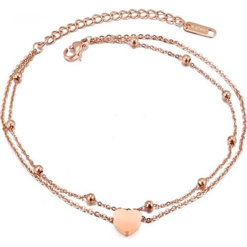 Fashion Double Layer Stainless Steel Heart Charm Anklets For Women Rose Gold Color Leg Bracelet Foot Jewelry A19026