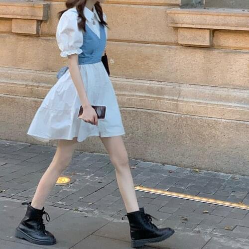 Summer Women 2 Piece Set High Waist Dress 2021 Denim Camisole + Mini Dress Elegant Puff Sleeve A-line Dress Vintage Slim Dress