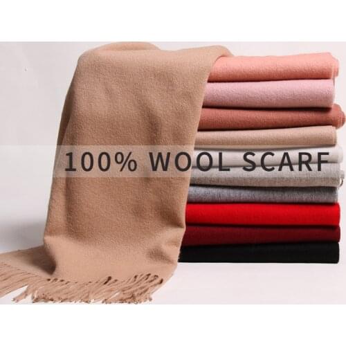 Winter Women Scarf 100% Pure Woo Solid Echarpe Wraps for Ladies Foulard Femme with Tassel Warm Merino Red Wool Scarves Cashmere