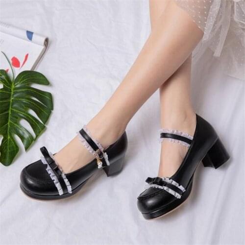 Fashion Lace Thick 5cm High Heel Buckle Strap Shoe Pumps Woman Big Size 30-46 2020 Spring New Sweet Bow Women Pumps Lolita Shoes