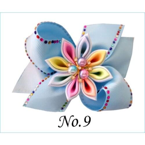 8 BLESSING Good Girl 4.5" Coral Hair Bow Clip Rainbow Rhinestone Pearl Flower