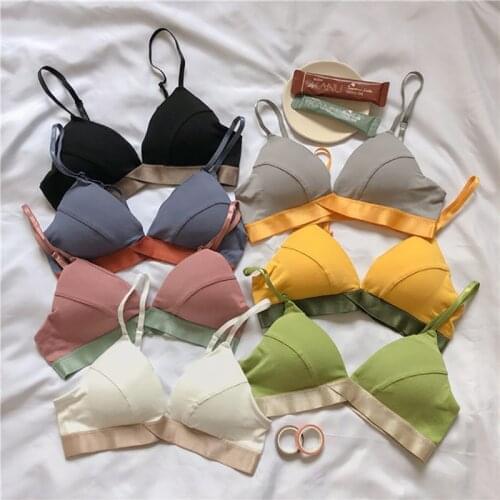 Q Cotton French Style Gathered Bra Sports Wrapped Chest Women Underwear Breathable Without Steel Ring Thin Bicolor Lingerie