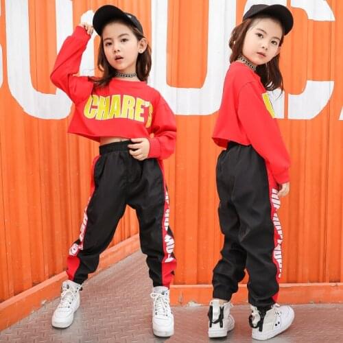 Childrens Hip-hop Costume Street Dance Suit Long Sleeve Jazz Modern Dance Clothes Red Performance Set Casual Style Dance Wear