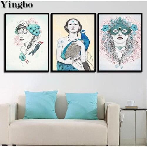 Diy Diamond Painting Woman And peahen5D Diamond Embroidery Full square round drilling Triptych Painting Diamond Mosaic kits