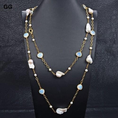 GuaiGuai Jewelry 60'' Natural Round Keshi Pearl White Baroque Pearl Crystal Chain Long Necklace