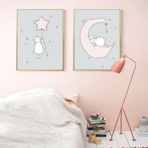 Lamb Moon and Stars Nursery Art Prints Pink and Gray Canvas Painting Nordic Poster Wall Art Posters Picture Baby Room Decor