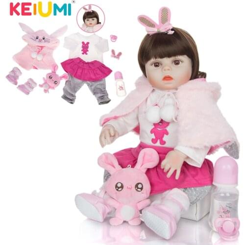 KEIUMI New Curl Lovely Realistic Reborn Baby Doll Full Silicone Body With Pink Cloak Baby Doll For Girl Child DIY Birthday Gift