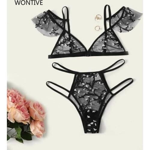 Hot Women Sexy Underwear Set Floral Embroidery Sheer Mesh Lingerie Set No Bra Backless Bralette Sex Intimates Lace Bra Set