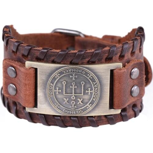 Skyrim Viking Leather Bracelet The Sigil of the Archangel RAPHAEL Key of Solomon Magic Punk Bangle for Men Pagan Symbol Jewelry
